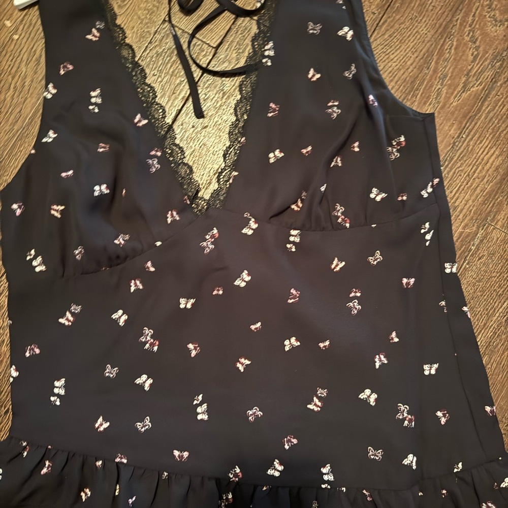 wild fable Black Butterfly Print Lace-Trim Tank